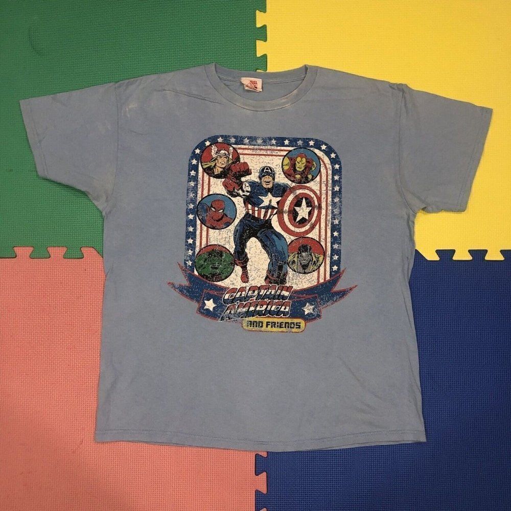 Y2K Marvel Captain America Hulk Thor Spiderman Iron Man Faded Blue T-shirt Sz L - Picture 1 of 9